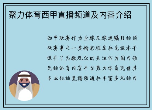 聚力体育西甲直播频道及内容介绍
