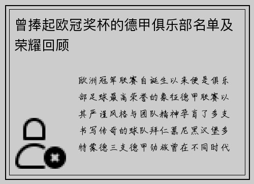 曾捧起欧冠奖杯的德甲俱乐部名单及荣耀回顾