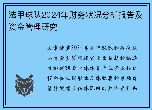 法甲球队2024年财务状况分析报告及资金管理研究